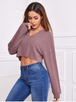 Waffle Knit Split Neck Cropped Tee