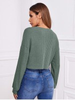 Waffle Knit Split Neck Cropped Tee