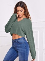 Waffle Knit Split Neck Cropped Tee