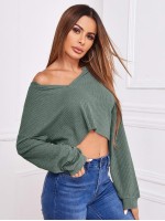 Waffle Knit Split Neck Cropped Tee