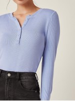 Button Half Placket Rib-knit Tee