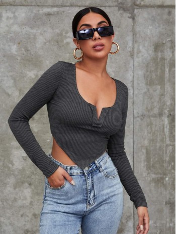 Notch Neck Asymmetrical Hem Crop Tee