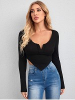 Notch Neck Asymmetrical Hem Crop Tee