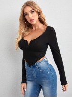 Notch Neck Asymmetrical Hem Crop Tee