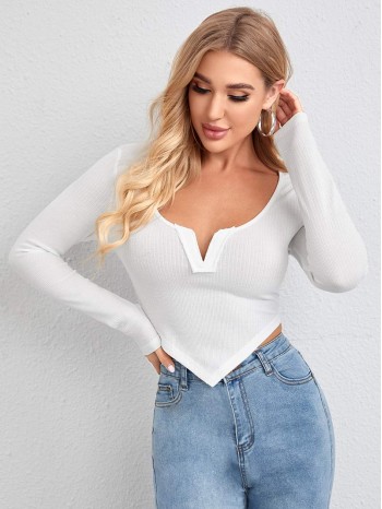 Notch Neck Asymmetrical Hem Crop Tee