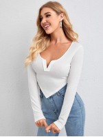 Notch Neck Asymmetrical Hem Crop Tee