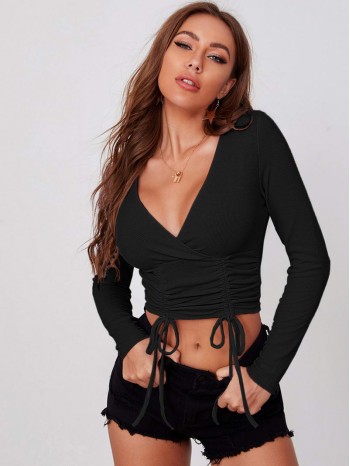 Surplice Neck Drawstring Hem Crop Top