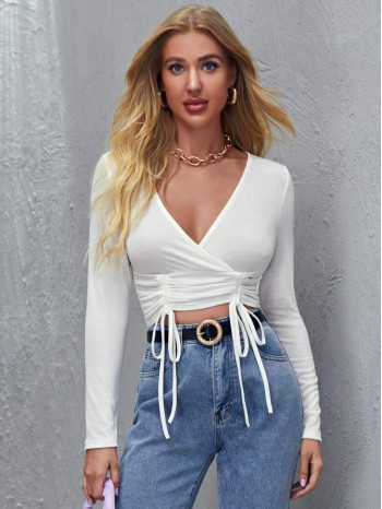 Surplice Neck Drawstring Hem Crop Top