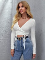 Surplice Neck Drawstring Hem Crop Top