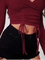 Surplice Neck Drawstring Hem Crop Top