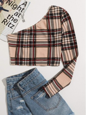 One Shoulder Plaid Crop Top