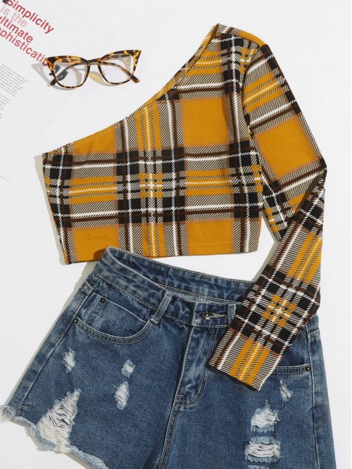 One Shoulder Plaid Crop Top