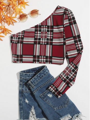 One Shoulder Plaid Crop Top