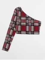 One Shoulder Plaid Crop Top