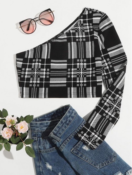 One Shoulder Plaid Crop Top