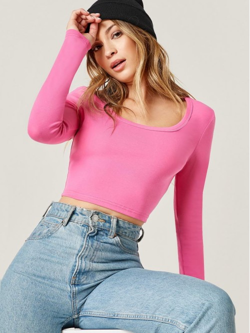 Scoop Neck Solid Crop Tee