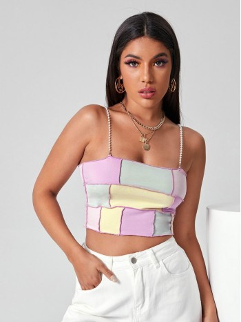 Pearl Strap Contrast Stitch Colorblock Crop Cami Top