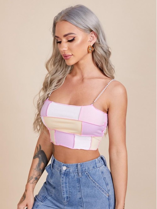 Pearl Strap Contrast Stitch Colorblock Crop Cami Top