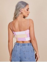 Pearl Strap Contrast Stitch Colorblock Crop Cami Top