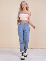 Pearl Strap Contrast Stitch Colorblock Crop Cami Top