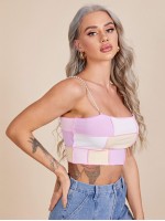 Pearl Strap Contrast Stitch Colorblock Crop Cami Top