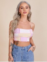 Pearl Strap Contrast Stitch Colorblock Crop Cami Top