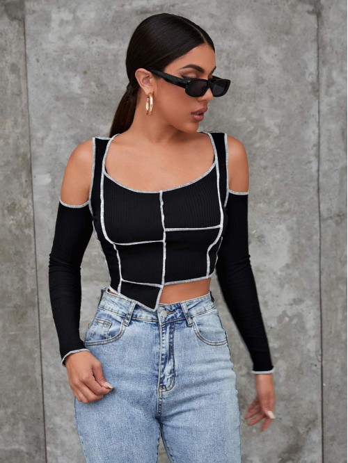 Cold Shoulder Asymmetrical Hem Contrast Stitch Top