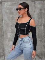 Cold Shoulder Asymmetrical Hem Contrast Stitch Top