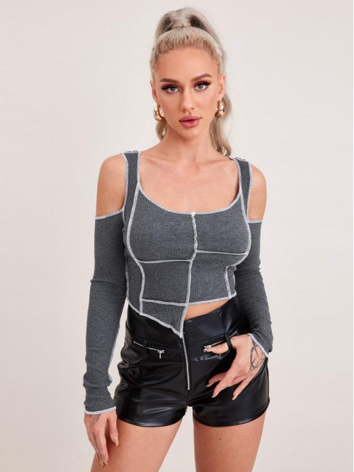 Cold Shoulder Asymmetrical Hem Contrast Stitch Top