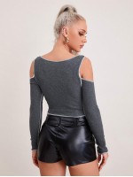 Cold Shoulder Asymmetrical Hem Contrast Stitch Top