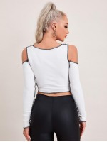 Cold Shoulder Asymmetrical Hem Contrast Stitch Top