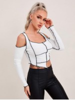 Cold Shoulder Asymmetrical Hem Contrast Stitch Top