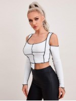 Cold Shoulder Asymmetrical Hem Contrast Stitch Top