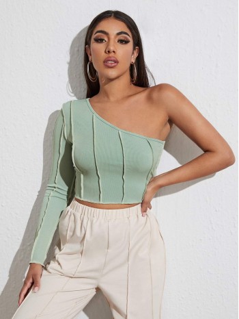 One Shoulder Contrast Stitch Top