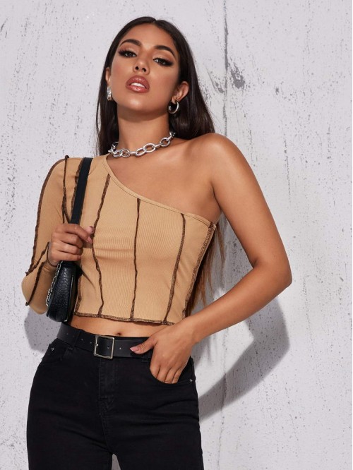 One Shoulder Contrast Stitch Top