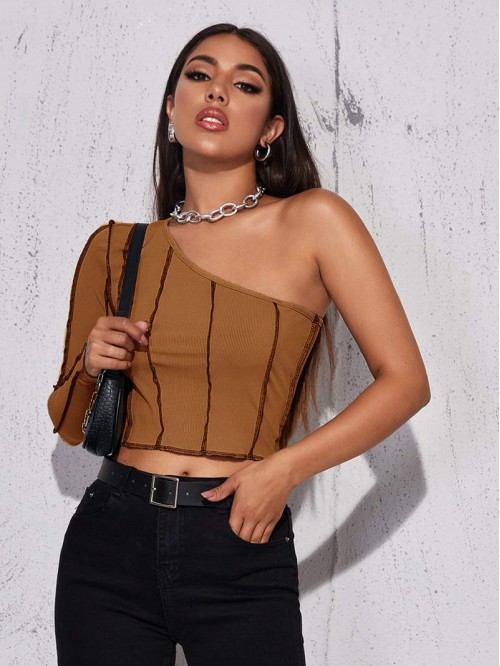 One Shoulder Contrast Stitch Top