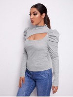 Asymmetrical Neck Leg-of-mutton Sleeve Slim Tee