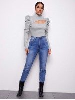 Asymmetrical Neck Leg-of-mutton Sleeve Slim Tee