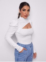 Asymmetrical Neck Leg-of-mutton Sleeve Slim Tee