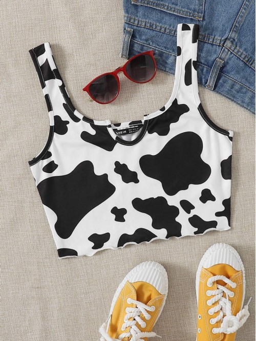 Cow Print Lettuce-Edge Cropped Tank Top