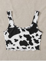 Cow Print Lettuce-Edge Cropped Tank Top