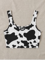 Cow Print Lettuce-Edge Cropped Tank Top