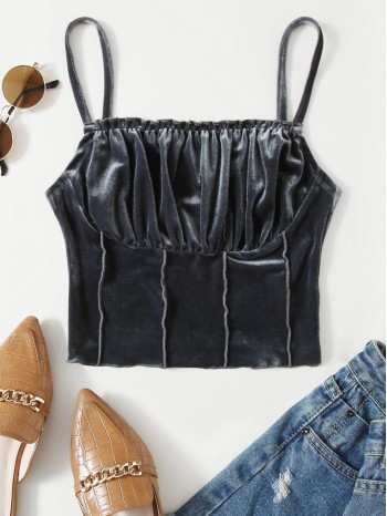 Frill Trim Ruched Bust Velvet Crop Cami Top