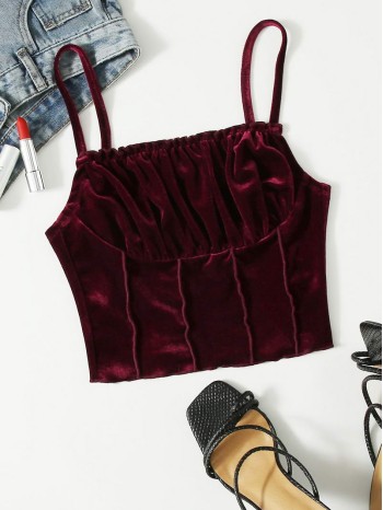 Frill Trim Ruched Bust Velvet Crop Cami Top