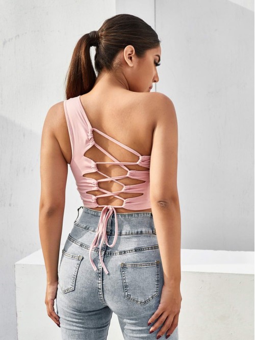 One Shoulder Lace Up Backless Top