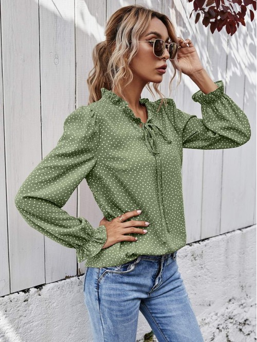 All Over Print Tie Neck Flounce Sleeve Blouse