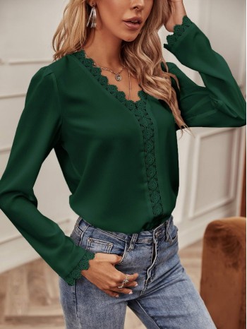 Contrast Lace Puff Sleeve Blouse