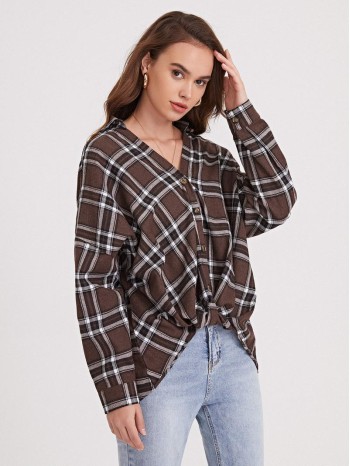 Plaid Drop Shoulder Button Up Blouse